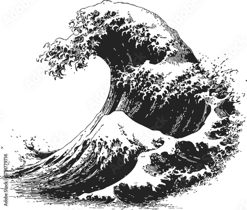 Japanese wave sketch, hand drawn line art, dramatic cresting sea wave, black and white illustration — stock vector