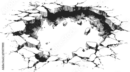 Crater sketch hand drawn style with cracked earth and debris — stock vector