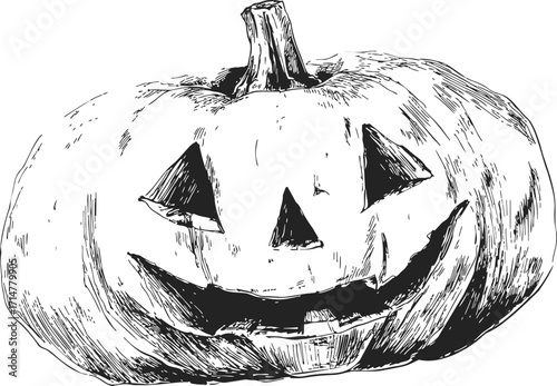 Jack-o'-lantern sketch hand drawn pumpkin with carved face — stock vector
