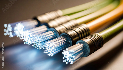 Fiber Optic Cables for High-Speed Network. Close-up of Fiber Optics in Data Network. Bright Fiber Optics for Communication. Technology Network with Fiber Cables. Glowing Fiber Cables for Modern System