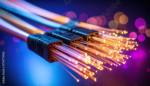 Bright Fiber Optic Cables Close-up. Modern Fiber Cables with Lights. Futuristic Fiber Cables with Glow. Network Fiber Optics with Bright Lights. High-Speed Data with Fiber Optic Cables