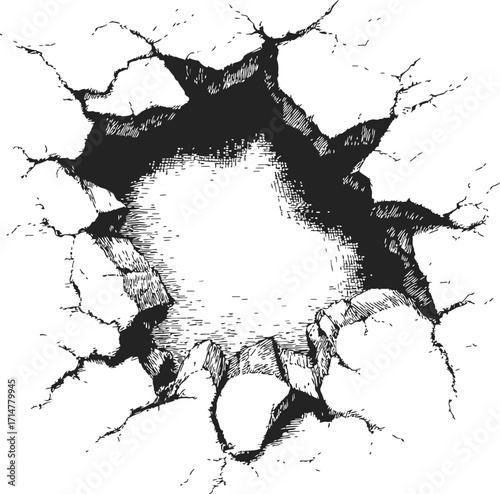 Cracked wall sketch hand drawn illustration with broken surface detail — stock vector