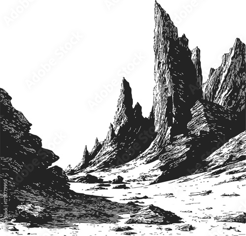 Rocky landscape sketch, hand drawn jagged cliffs and boulders in barren valley — stock vector