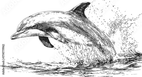 Dolphin sketch hand drawn leaping out of water with splash — stock vector