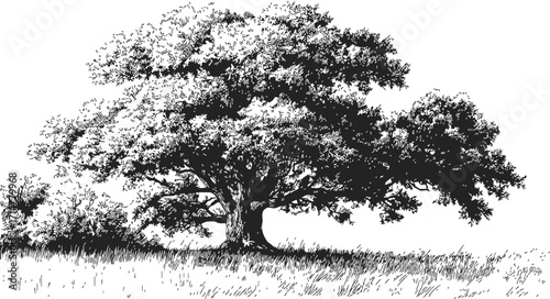 Tree sketch hand drawn large oak with detailed foliage in grassy field — stock vector