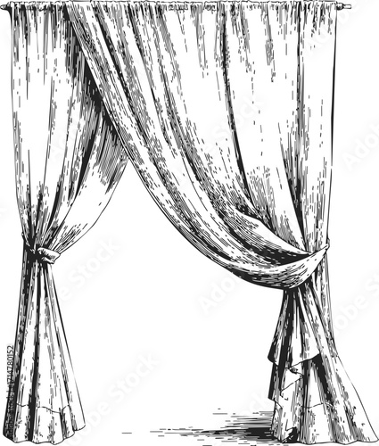Curtains sketch hand drawn window drapes with tiebacks and rod — stock vector