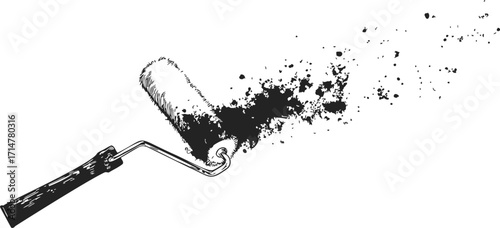 Paint roller sketch hand drawn with splattered paint effect on white background — stock vector