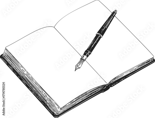Notebook sketch hand drawn with fountain pen on blank pages — stock vector