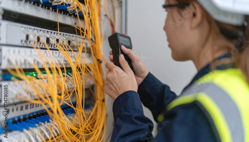 Engineer testing network cables in server. Technician checking fiber optic cables. Server technician at work on network. Server rack maintenance by IT professional. Engineer working, network equipment