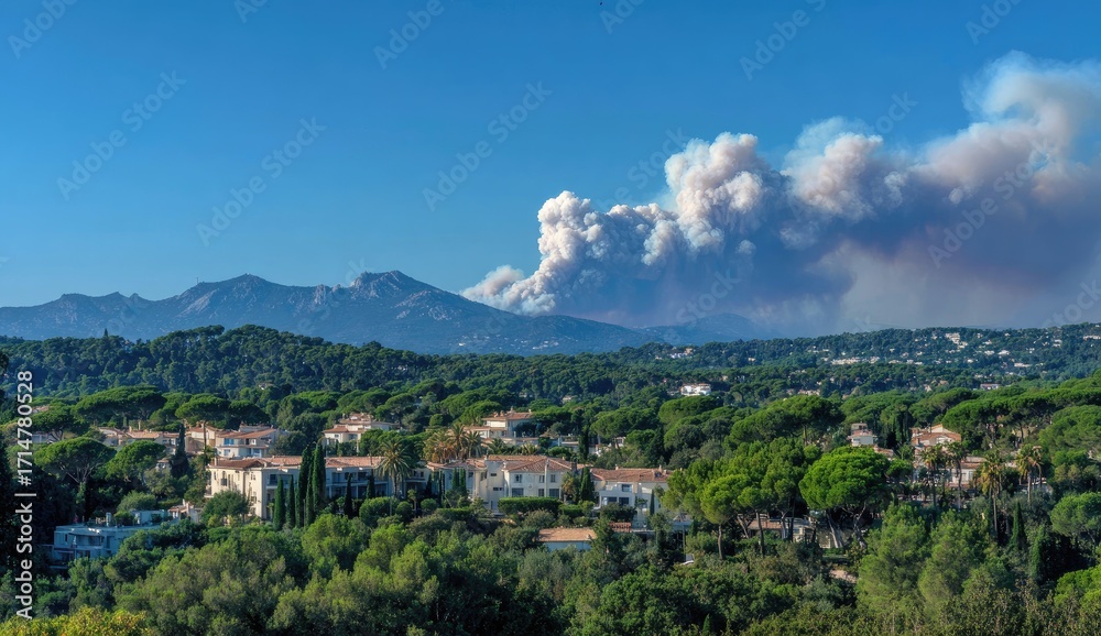 Fototapeta premium Smoky wildfire over Mediterranean town