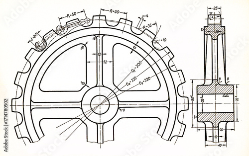 Drawing of round steel mechanical 
part with teeth, through holes, dimensional lines.
Background with engineering cad scheme.
Technical pencil sketch
on white paper sheet. Technology design.