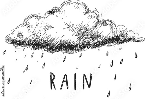 Rain cloud sketch hand drawn with raindrops and handwritten rain text — stock vector