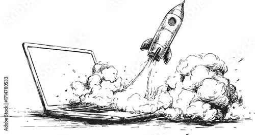 Rocket launching from laptop sketch, hand drawn technology innovation concept — stock vector