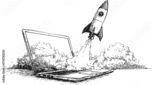 Rocket launching from laptop sketch, hand drawn startup concept with smoke — stock vector