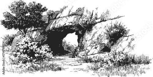 Rock cave entrance sketch, hand drawn with trees, bushes, rugged landscape — stock vector