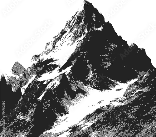 Mountain peak sketch hand drawn rugged alpine summit with snow — stock vector