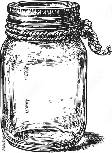 Mason jar sketch hand drawn with rope detail, vintage glass container illustration — stock vector