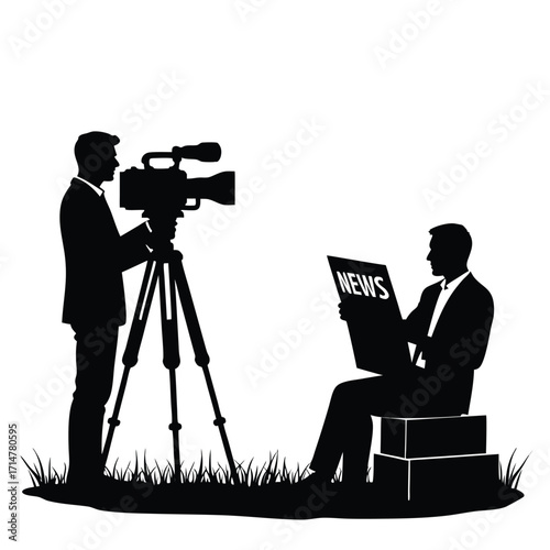 Silhouette of a cameraman filming a man reading a newspaper