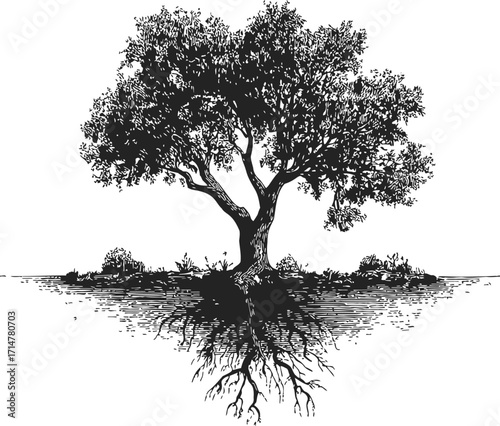 Tree sketch hand drawn with visible roots and foliage in natural landscape — stock vector