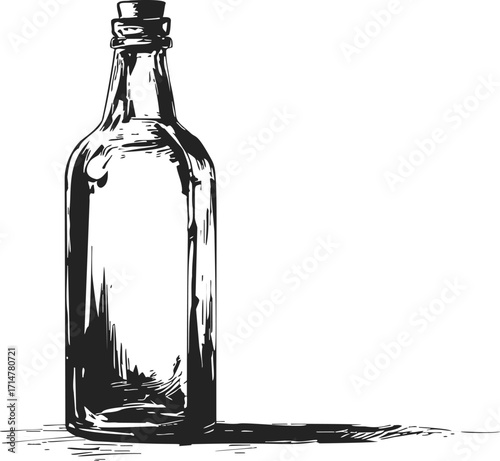 Glass bottle sketch hand drawn style with cork stopper and shadow — stock vector