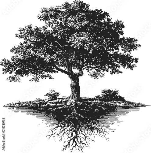 Tree sketch hand drawn with visible roots and foliage in natural landscape — stock vector