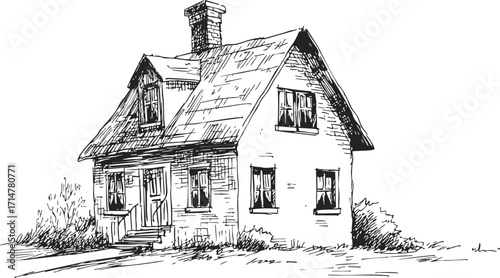 House sketch hand drawn rustic cottage with chimney and garden — stock vector