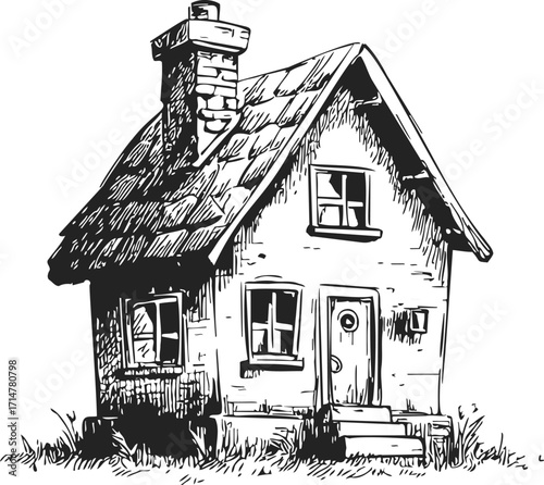 House sketch hand drawn vector with rustic roof and chimney in black and white — stock vector
