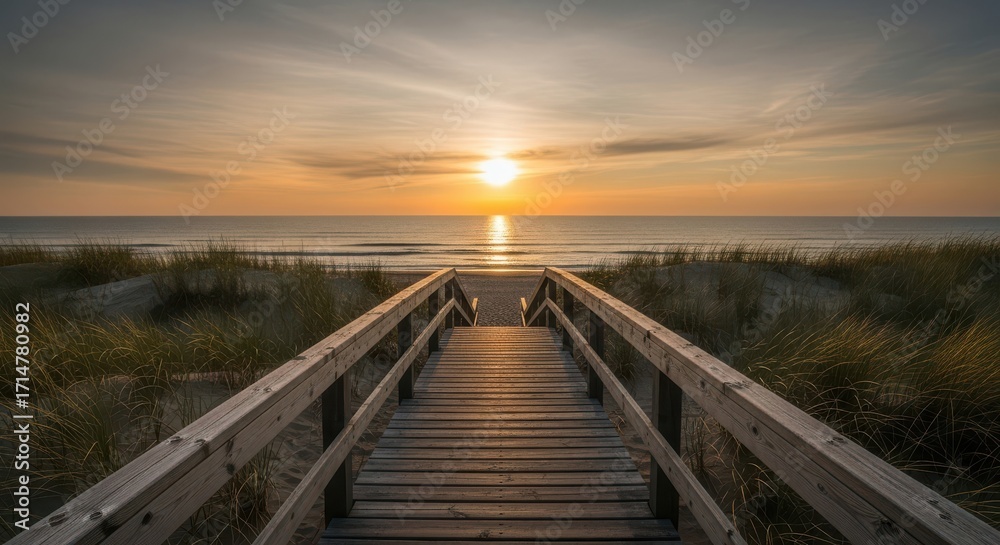Fototapeta premium Wooden Boardwalk Leads Towards a Golden Ocean Sunset