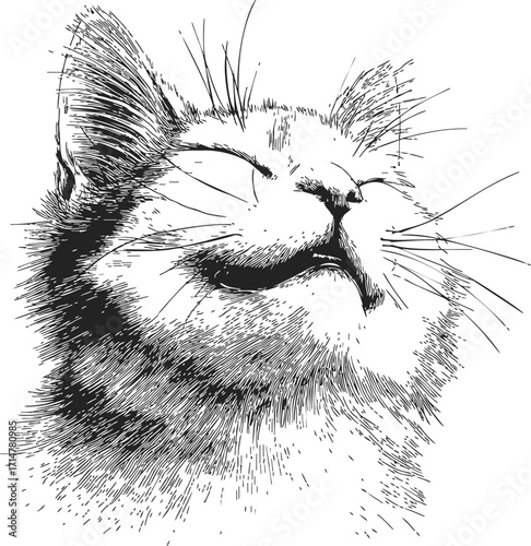 Cat sketch hand drawn portrait with closed eyes and content expression — stock vector