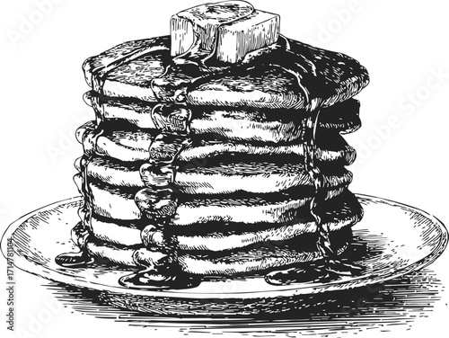 Pancakes sketch hand drawn stack with syrup and butter on plate — stock vector
