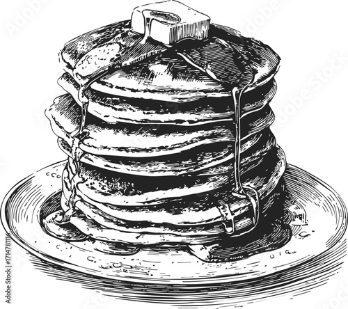 Pancakes sketch hand drawn stack with butter and syrup on plate — stock vector