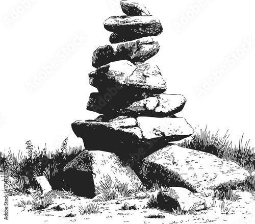 Stacked rocks cairn sketch, hand drawn stone pile with grass and ground details — stock vector