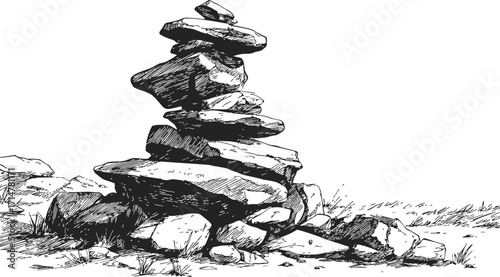 Rock cairn sketch, hand drawn stone stack on ground with grass — stock vector