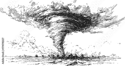 Tornado sketch hand drawn dramatic whirlwind over rural landscape — stock vector