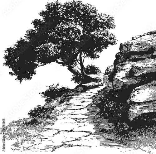 Tree sketch hand drawn on rocky mountain path with grass and bushes — stock vector