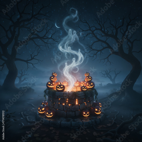 Ancient stone well surrounded by glowing pumpkins releasing ghostly spirits into a misty Halloween night.