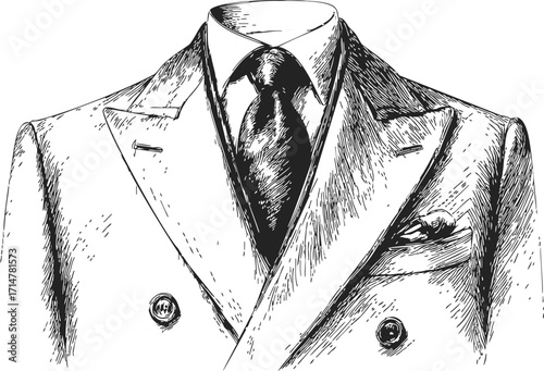 Man suit sketch hand drawn double breasted jacket with tie and pocket square — stock vector