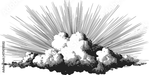 Cloud sketch hand drawn with sun rays vintage engraving style — stock vector