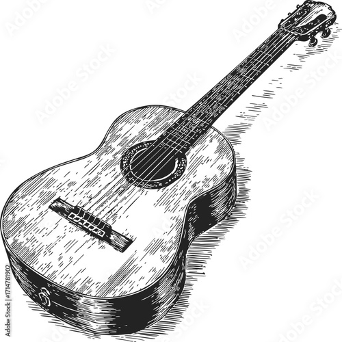 Acoustic guitar sketch hand drawn illustration with detailed wood texture — stock vector