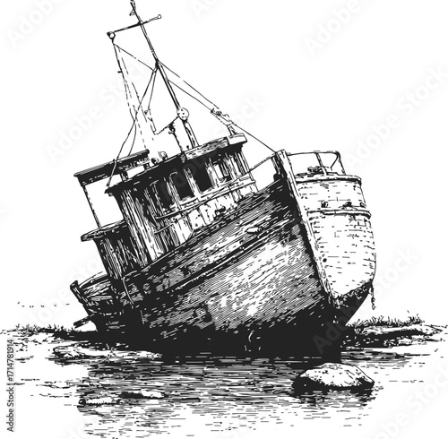 Abandoned boat sketch, hand drawn style, stranded on shore with detailed wood texture — stock vector