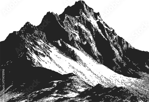 Mountain sketch hand drawn rugged peak with snow and rocky slopes — stock vector