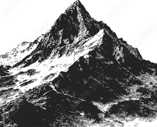 Mountain peak sketch, hand drawn vector, rugged alpine landscape with snow — stock vector