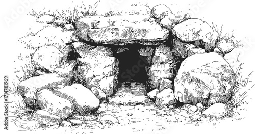 Cave entrance sketch, hand drawn rocky stone opening with grass and boulders — stock vector