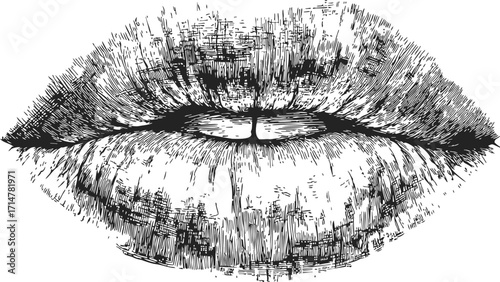 Lips sketch hand drawn black and white detailed engraving closeup — stock vector