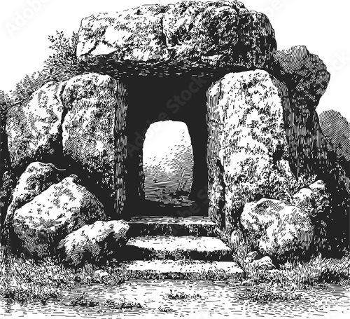Megalithic tomb sketch, hand drawn ancient stone burial monument entrance — stock vector
