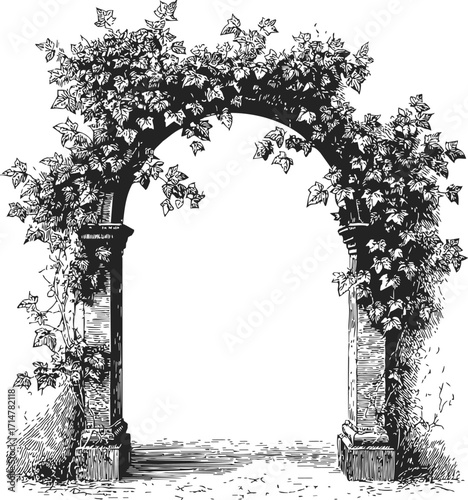 Ivy arch sketch hand drawn stone archway with climbing leaves — stock vector