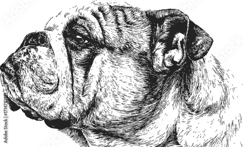 Bulldog head sketch hand drawn detailed side profile illustration — stock vector