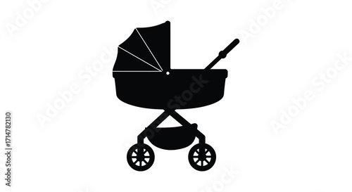 Simple black silhouette illustration of a classic baby carriage design