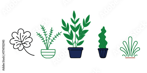Collection of Potted Green Plants and Leaf Illustrations for Decor