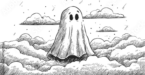 Ghost character sketch, hand drawn style, floating above clouds in sky — stock vector